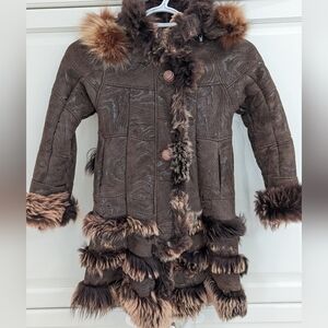 Girls Brown Shearling Leather Suede Coat 6-8 Fur Lined Winter Jacket Textured